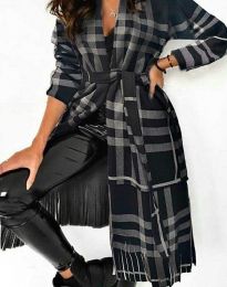 Ефектно дълго дамско палто с ресни и колан в черно и сиво каре - код 2891 - 1