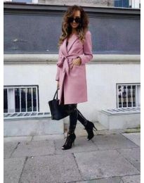 Елегантно дамско палто с колан в розово - код 7940